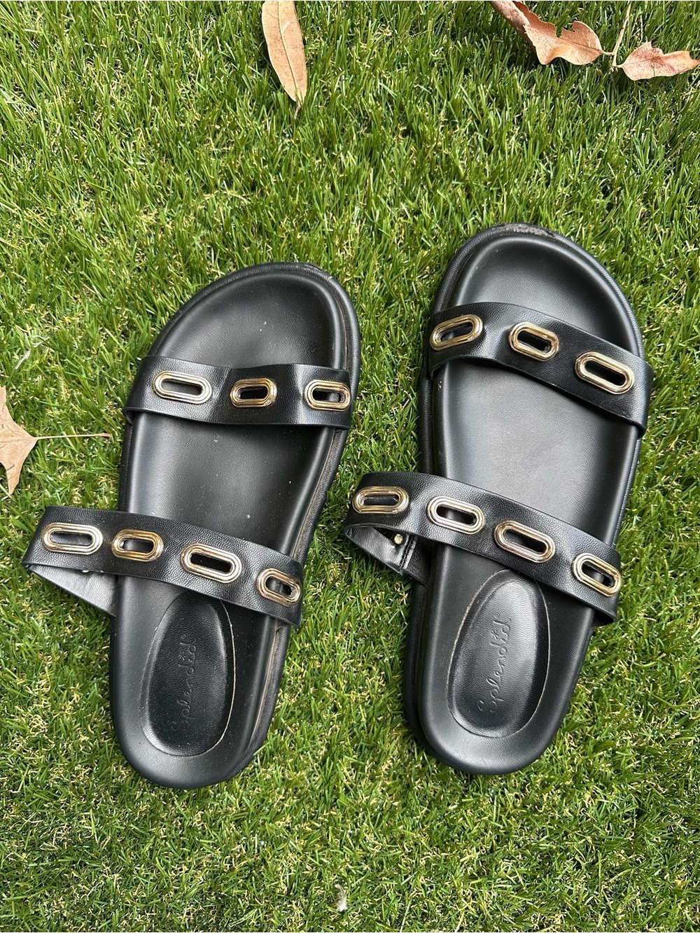 Universal Thread Black Slide Sandals with Gold Eyelet Trim